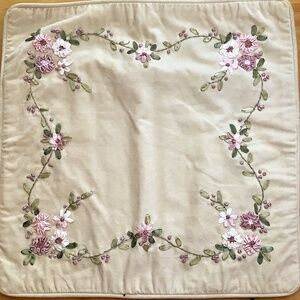 VINTAGE Cream Velveteen Floral Ribbon Embroidered Cushion Covers (Pair)